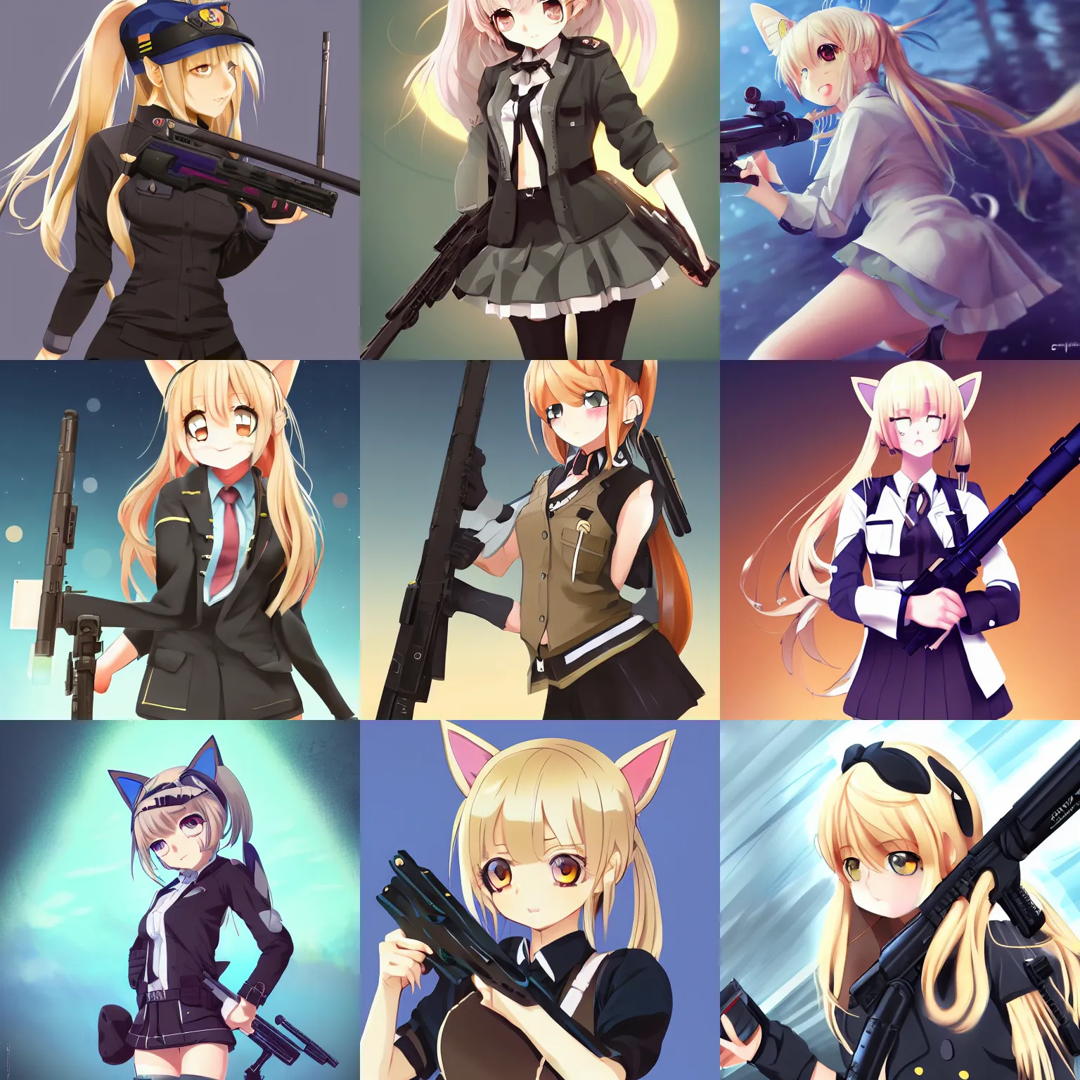 Prompt: anime, full body, cute, female, a blonde haired cute girl wearing a school uniform with cat ears and holding a sniper rifle, gorgeous lighting, cat girl, highly detailed, digital painting, art station, sharp focus, high quality, frontal view, illustration, concept art, advanced digital anime art