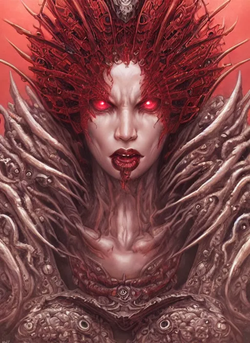 Image similar to a hyper detailed face portrait of the queen of blades, diablo 4 lilith, by yusuke murata, by hiroya oku, by dorian cleavenger, by tom bagshaw, by zdzisław beksinski, trending on artstation