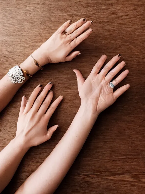 Image similar to an instagram photo of exactly one detailed woman's hand palm up lying on the table, instagram photo, studio photo