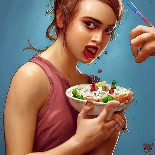 Image similar to hot dogs and yogurt is a messy eating contest, wlop, artgerm, mucha