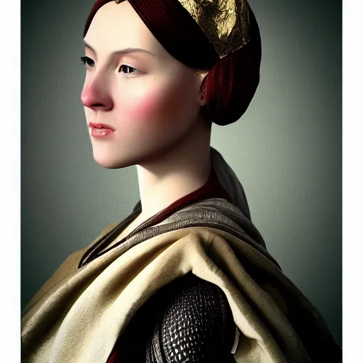 Prompt: portrait of a woman, renaissance style, star wars character, volumetric lights, symmetry, headpiece, trending on artstation, sharp focus, leica, studio photo, intricate details, highly detailed