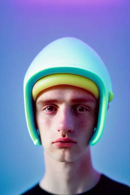 Image similar to high quality pastel coloured film mid angle portrait photograph of a beautiful young 2 0 year old male, soft features, short hair, perspex space visor and oversized inflated clothing!!!! icelandic black! rock pool environment. atmospheric three point light. photographic. art directed. ( pastel colours ). volumetric. clearcoat. waves. 8 k. filmic.