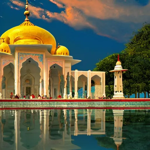 Prompt: a large white indian temple with a long pool of water in front of it, a detailed matte painting by sardar sobha singh, shutterstock contest winner, cloisonnism, creative commons attribution, photo taken with ektachrome, global illumination