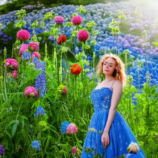 Prompt: a portrait of a romantic woman with flowers grow out of hair, roses peonies forget-me-nots dahlias lupins gladioli, sky theme in background, 35mm Photograph, 4K Resolution