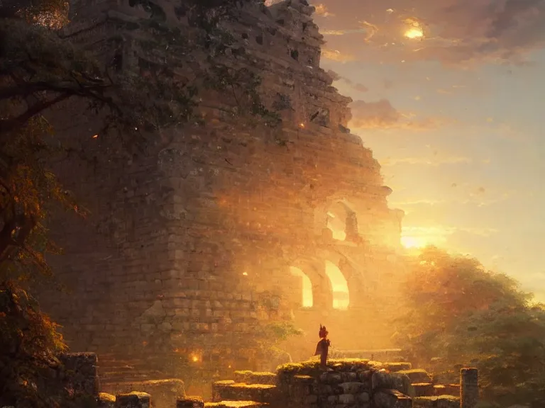 Prompt: ancient city ruins, ⛩, oil painting, 8 k, beautiful, vine, golden light, highly detailed, smoothly, artstation, cinematic, concept art, by wlop, by greg rutkowski, by artgerm