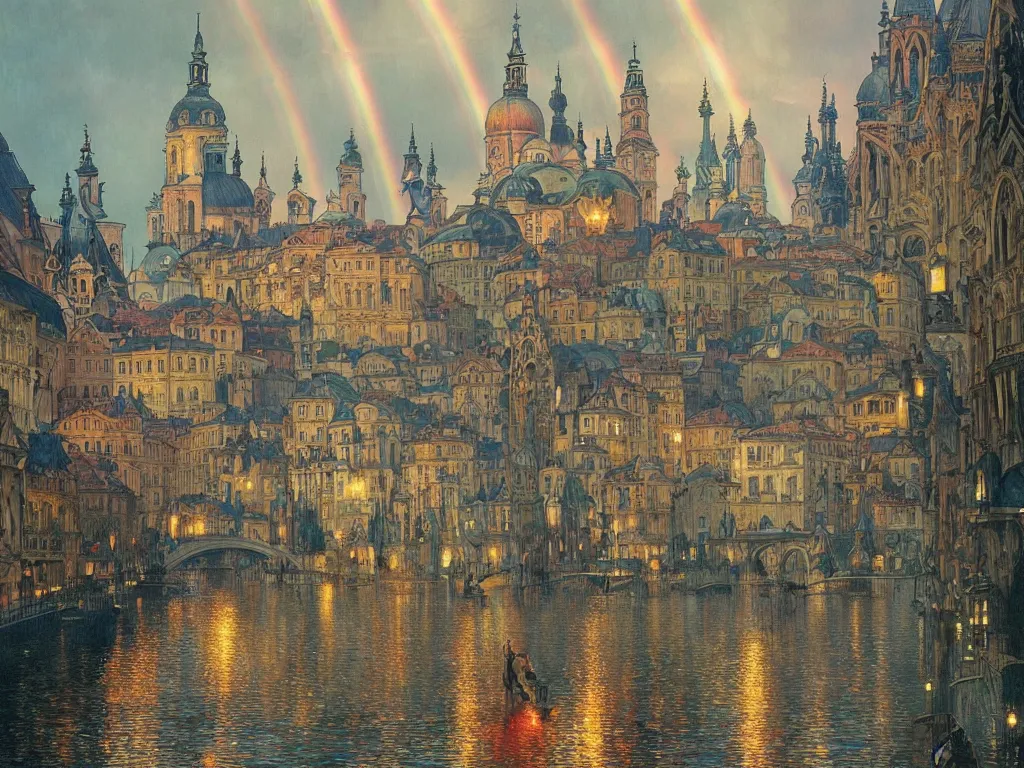 Prompt: a view from the river a city resembling prague, paris, and venice after a rain with a rainbow, intricate, elegant, highly detailed, digital painting, artstation, concept art, smooth, sharp focus, colored illustration for tattoo, art by krenz cushart and artem demura and alphonse mucha,