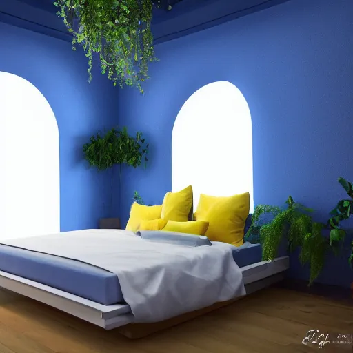 Prompt: a yellow moon shaped bed in a blue room, with plants in the windows of the room, 8 k, trending on artstation, hdr