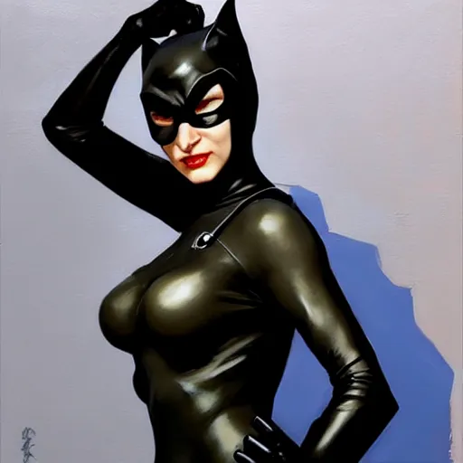 Image similar to Greg Manchess portrait painting of Catwoman as Overwatch character, medium shot, asymmetrical, profile picture, Organic Painting, sunny day, Matte Painting, bold shapes, hard edges, street art, trending on artstation, by Huang Guangjian and Gil Elvgren and Sachin Teng