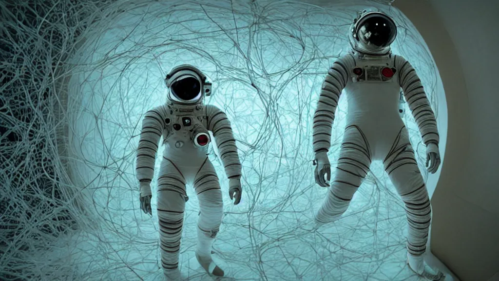 Image similar to a cybernetic symbiosis of a single astronaut eva suit made of wearing knitted yarn thread infected with diamond 3d fractal lace iridescent bubble 3d skin covered with insectoid compound eye camera lenses floats through the living room, film still from the movie directed by Denis Villeneuve with art direction by Salvador Dalí, wide lens,