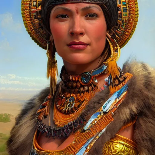 Image similar to an portrait of an happy female aztec, detailed, centered, digital painting, artstation, concept art, donato giancola, Joseph Christian Leyendecker, WLOP, Boris Vallejo, Breathtaking, 8k resolution, extremely detailed, beautiful, establishing shot, artistic, hyperrealistic, beautiful face, octane render