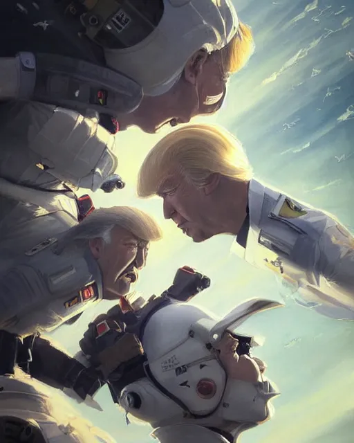 Image similar to donald trump and shinzo abe facing each other off dressed in spaceship pilot dresses shaking hands, portrait, illustration, rim light, top light, perfectly shaded, spring time, slight overcast lighting, soft painting, art by krenz cushart and wenjun lin