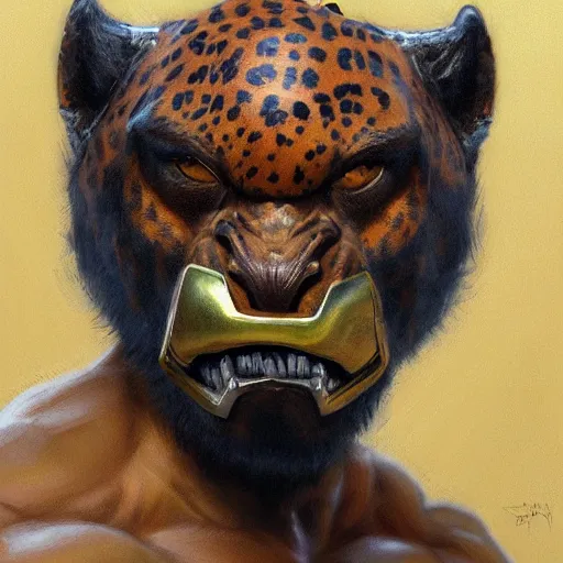 Image similar to Buff wrestler wearing a jaguar mask, closeup character portrait art by Donato Giancola, Craig Mullins, digital art, trending on artstation