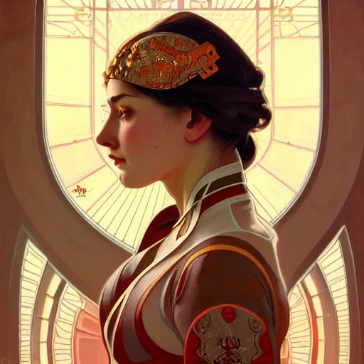 Image similar to a portrait of a female, upper half portrait, decorated with soviet motifs, russian soviet motifs, soviet, traditional russia, intricate, elegant, highly detailed, symmetry, headpiece, digital painting, artstation concept art smooth sharp focus, illustration, art by artgerm and greg rutkowski alphonse mucha 8 k