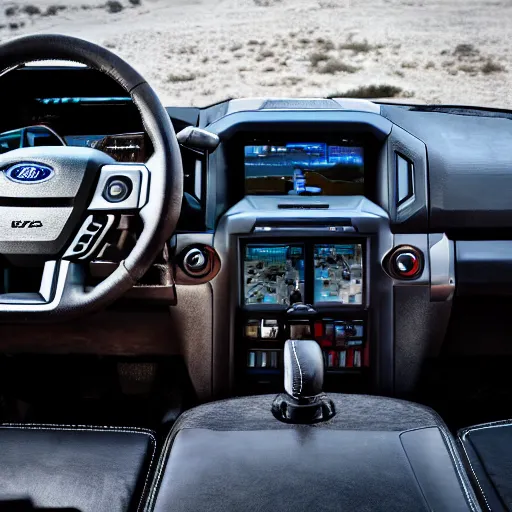 Prompt: the driver seat of a ford raptor in the rain, 4 k high - resolution photograph, ultra detail, hd photo