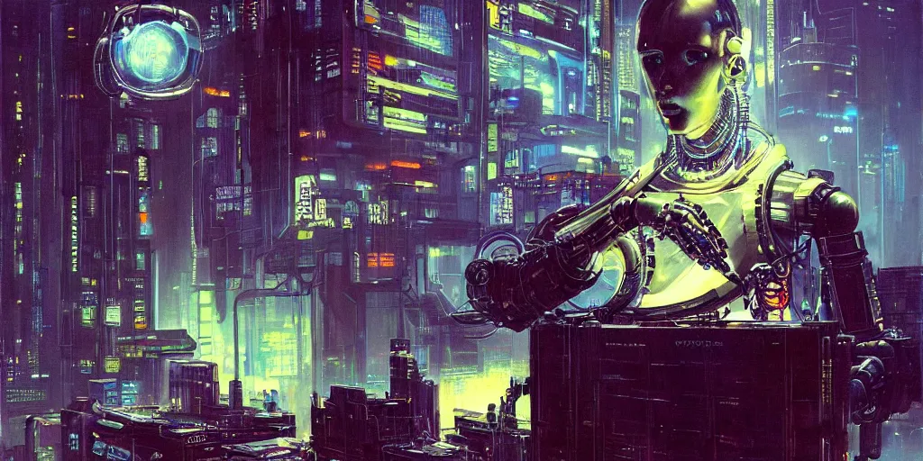 Prompt: cyberpunk robot with a book, neon, hyper-realism, futurism!, future!!, 8k, sharp ages, hd, clear lines!!, hard shadows, ultra detailed, style of John Berkey, Norman Rockwell, Hans Thoma, Ivan Shishkin, Tyler Edlin, Thomas Kinkad