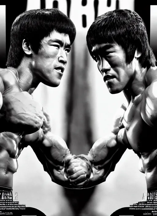 Image similar to Film poster Arnold Schwarzenegger VS Bruce lee , faces look at each other, detailed and realistic, 4k, filmic render