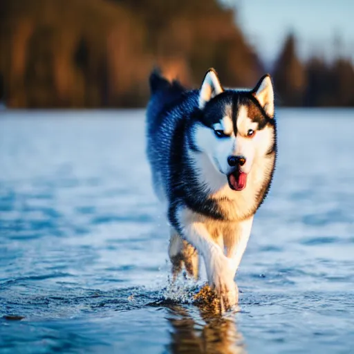 Image similar to Husky walks on water, 8k photography, cinematic