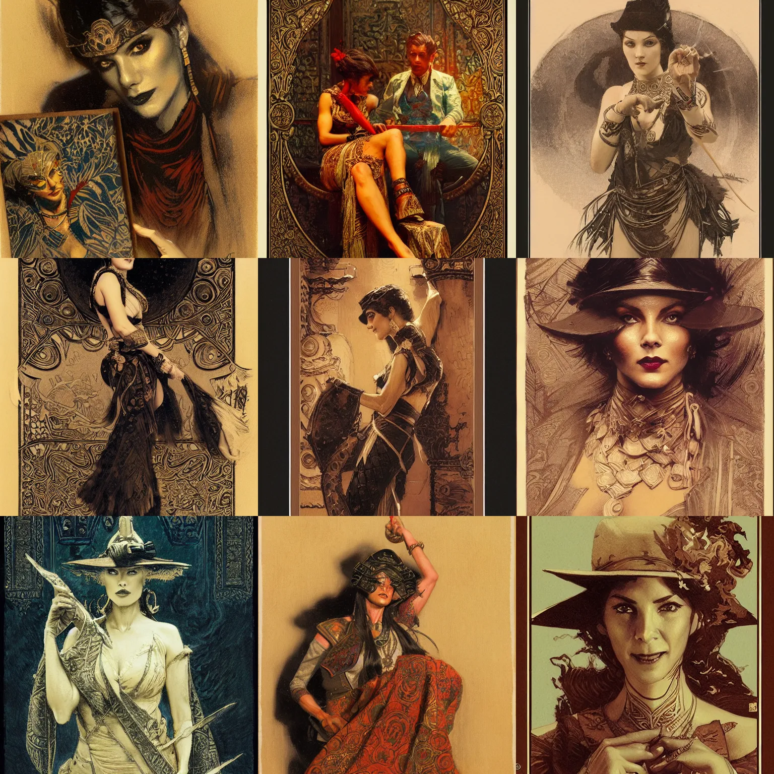 Prompt: magician, female, highly detailed wood block print by gaston bussiere, craig mullins, j. c. leyendecker 8 k