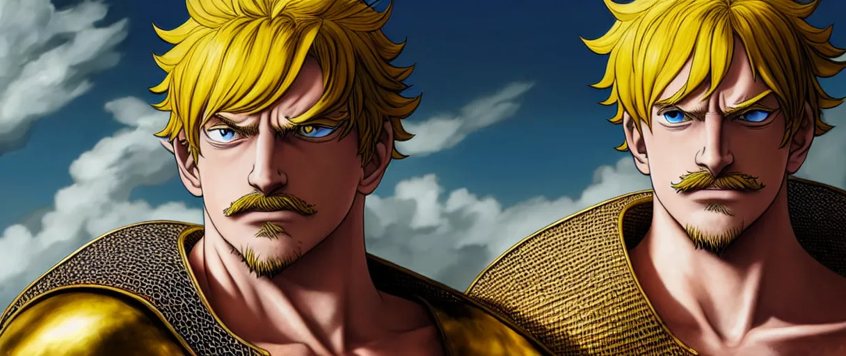 Image similar to hyperrealist highly detailed english medieval portrait of Escanor the Sin of Pride, Nanatsu No Taizai, Seven Deadly Sins, concept art pascal blanche dramatic studio lighting 8k wide angle shallow depth of field