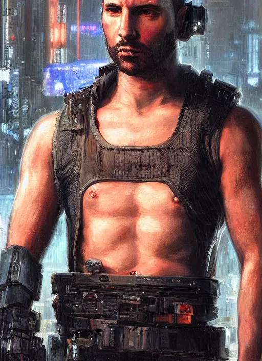 Prompt: adam smasher. cyberpunk mercenary in a cyberpunk jumpsuit ( blade runner 2 0 4 9, cyberpunk 2 0 7 7 ). orientalist portrait by john william waterhouse and james gurney and theodore ralli and nasreddine dinet, oil on canvas. cinematic, hyper realism, realistic proportions, dramatic lighting, high detail 4 k