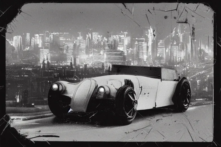 Image similar to cyberpunk 1 9 2 6 bugatti type 3 5 by paul lehr, metropolis, view over city, vintage film photo, damaged photo, scratched photo, scanned in, old photobook, silent movie, black and white photo