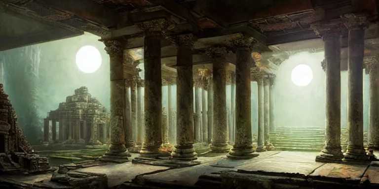 Prompt: beautiful hyperrealistic spectacular painting of the mysterious intricate ruins of the mysterious ancient temple, an advanced alien technology timemachine with a green glowing crystal from the future is inside the temple, by hubert robert and lee madwick and bastien lecouffe deharme, dramatic moonlight lighting, advanced technology