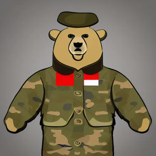 Image similar to bear animal, with army commander clothes, Russian flag,