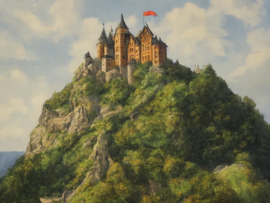 Image similar to a painting of a german castle on the cliff