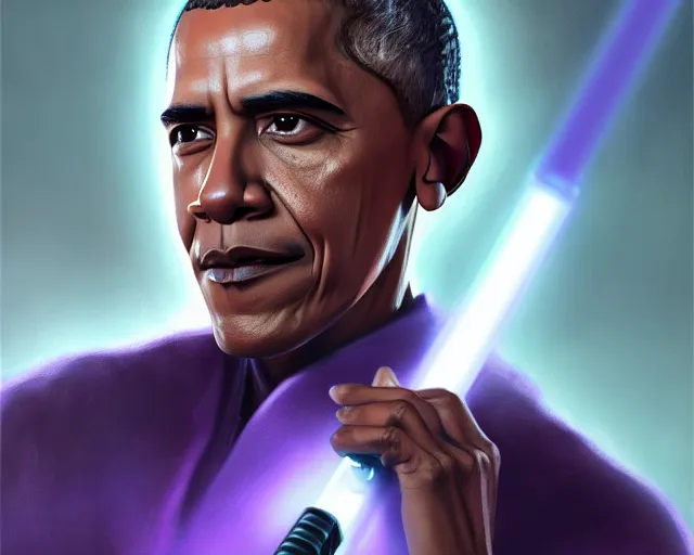 Prompt: 5 5 mm portrait photo of barack obama as mace windu with a purple lightsaber. dark atmosphere. art by greg rutkowski. highly detailed 8 k. intricate. lifelike. soft light. nikon d 8 5 0.