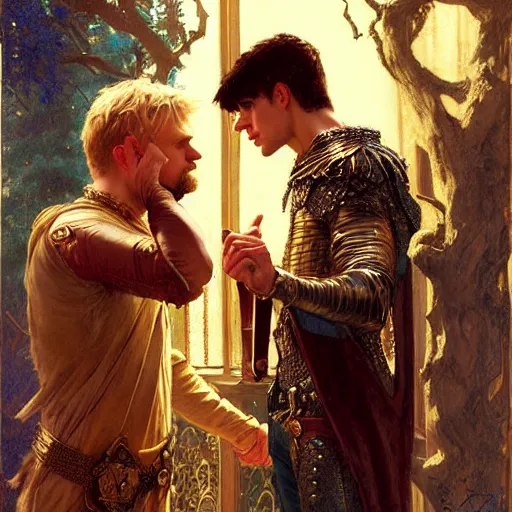 Image similar to attractive arthur pendragon with attractive male merlin the mage. they are in love. highly detailed painting by gaston bussiere, craig mullins, j. c. leyendecker