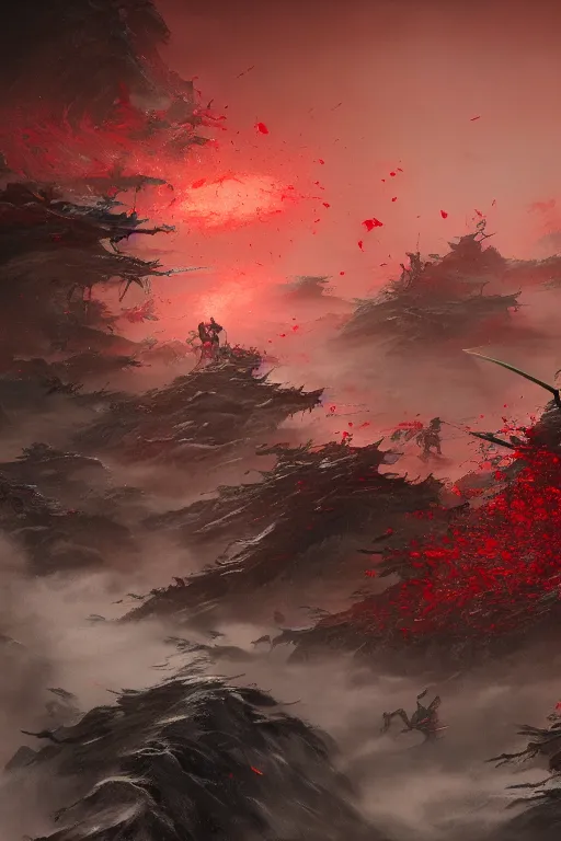 Prompt: bloodiest samurai battle in history. Sashimono. Greg rutkowski legendary matte painting.. 4k, particles light,