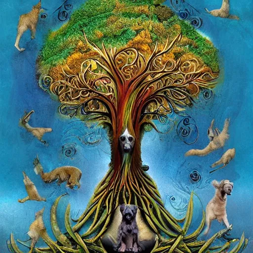 Prompt: the tree of life made up entirely by different breeds of dogs, surreal, by dave mckean, digital illustration, vibrant colors, explosion of colors, intricate, highly detailed, n - 6