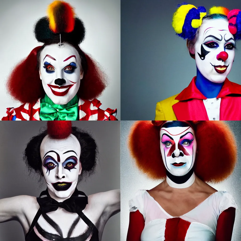 Prompt: Portrait of a female circus clown wearing white face-paint makeup, editorial photo from TIME magazine