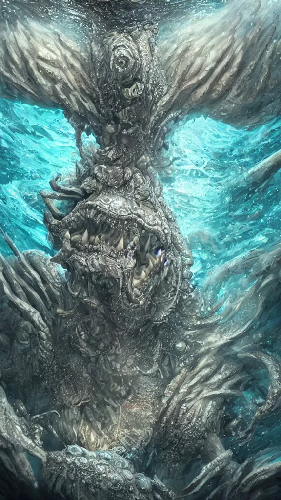 Prompt: ultra realist and ultra intricate detailed soft painting of an ancient creature angry boss in the ocean underwater environment, reflections, focus, detailed, realistic eyes, horizontal partial symmetry features proportions, intricate facial skin details, award winning, trending in cgsociety artstation deviant art, octane render