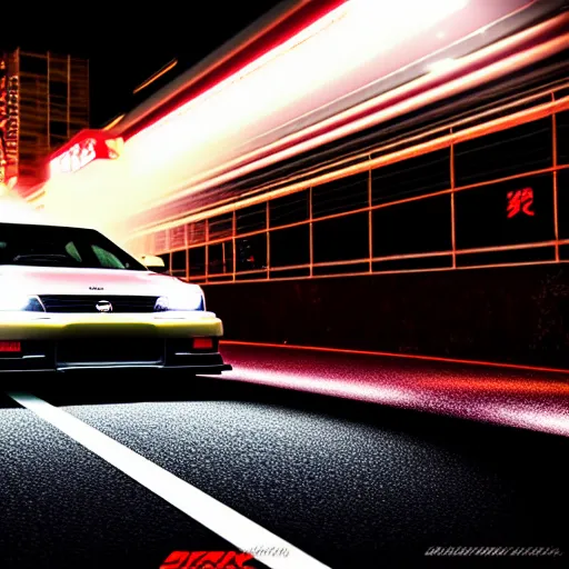 Image similar to a car JZX90 twin turbo drift spec in middle of road, Saitama prefecture, city midnight mist lights, cinematic lighting, photorealistic, highly detailed wheels, high detail