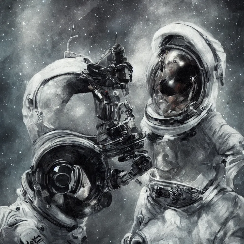 Prompt: portrait of a astronaut wearing head phones by ben templesmith, cinematic, epic composition, hd, digital painting, digital art, masterpiece, award - winning