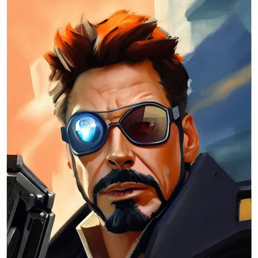 Image similar to greg manchess portrait painting of tony stark as overwatch character, totally whack, medium shot, asymmetrical, profile picture, organic painting, sunny day, matte painting, bold shapes, hard edges, street art, trending on artstation, by huang guangjian and gil elvgren and sachin teng