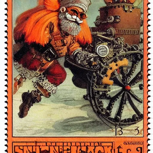 Image similar to steampunk orange mohawk Streetfighter Gnome Santa riding an intricate clockwork gearwork automaton golem vehicle traveling stamp postcard winslow homer craig j. spearing thomas eakins