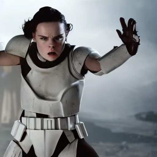 Prompt: evil corrupted rey from star wars using the force to crush stormtroopers, sith lord, dark side, cinematic movie image, both hands raised to use the force, hd photo, full body shot, face focus, played by daisy ridley