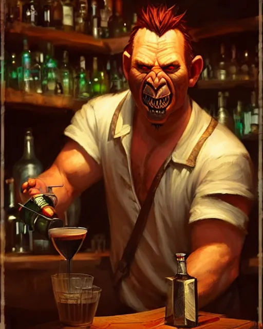 Prompt: orc bartender serving drinks | | realistic shaded, fine details, fine - face, pretty face, realistic shaded lighting poster by greg rutkowski, magali villeneuve, artgerm, jeremy lipkin and michael garmash and rob rey