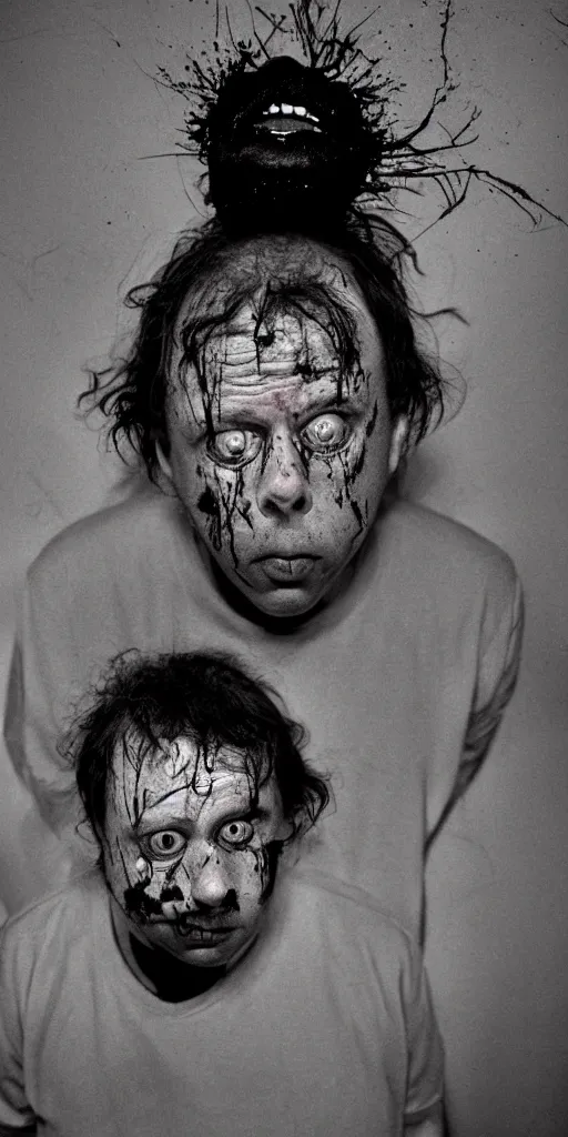 Prompt: award winning heartbreaking photo of todd solondz crying, grim colors, weird and disturbing, symmetrical face, beautiful eyes, studio lighting, wide shot art by roger ballen & francis bacon