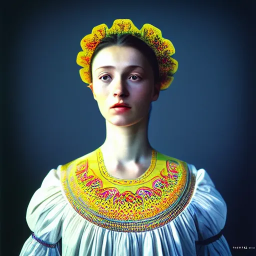 Image similar to hyperrealism photography in caravaggio style computer simulation visualisation of parallel universe sit - com scene with beautiful highly detailed ukrainian woman wearing ukrainian traditional shirt designed by taras shevchenko and wearing neofuturistic neural interface by josan gonzalez. hyperrealism photo on pentax 6 7, kodak portra 4 0 0 volumetric natural light - s 1 5 0