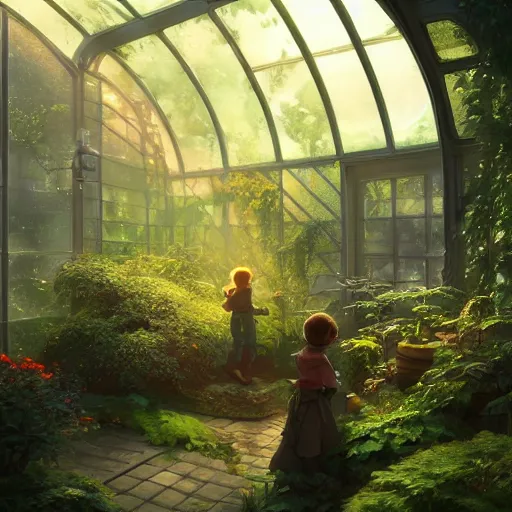 Prompt: , boy with grandma in scifi green house, spaceship, plants, viewed from afar, stephen bliss, misty, unreal engine, fantasy art by greg rutkowski, loish, ferdinand knab, and lois van rossdraws, global illumination, radiant light, minimalist, detailed and intricate environment n - 9