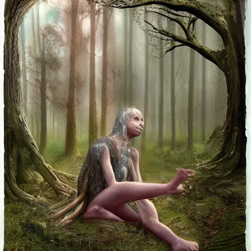 Image similar to forest, three eyed spirits, wide shot, soft colors, hands, feet, ground very detailed, wet eyes reflecting into eyes reflecting into infinity, natural lighting