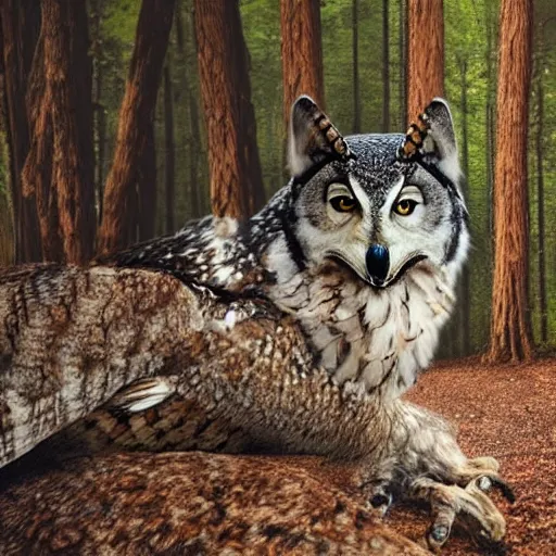 Image similar to mixture between an! owl and wolf, captured in a forest