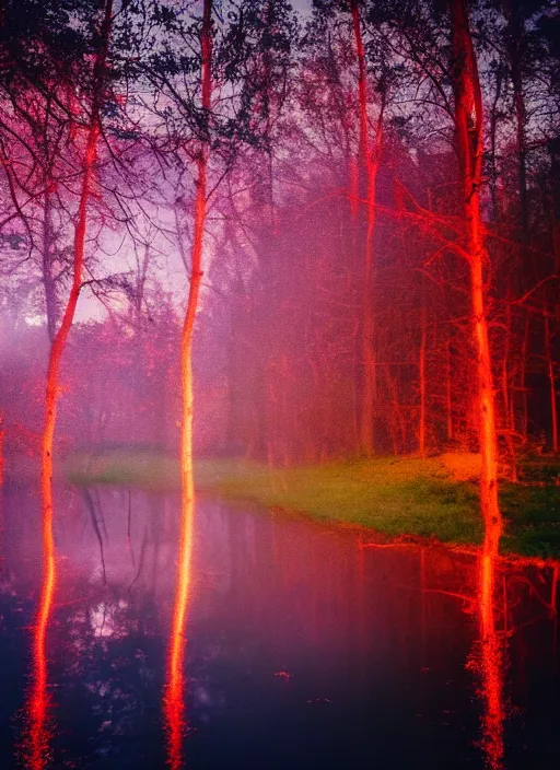 Image similar to photography at night of an ethereal red pond, a central sunlight glare, mystical lights, cyber futuristic lights in the sky, masterpiece, epic, cinematic, hyperealistic photo, high detailed, flashlight at night