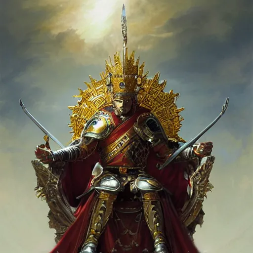 Image similar to Stunning portrait of a warrior king. He wears an intricate golden crown and a red cloak over ornate polished silver armour. He sits on a throne. Epic fantasy art. Highly detailed, digital painting, artstation, concept art, sharp focus, illustration, by greg rutkowski and aleksi briclot and bouguereau