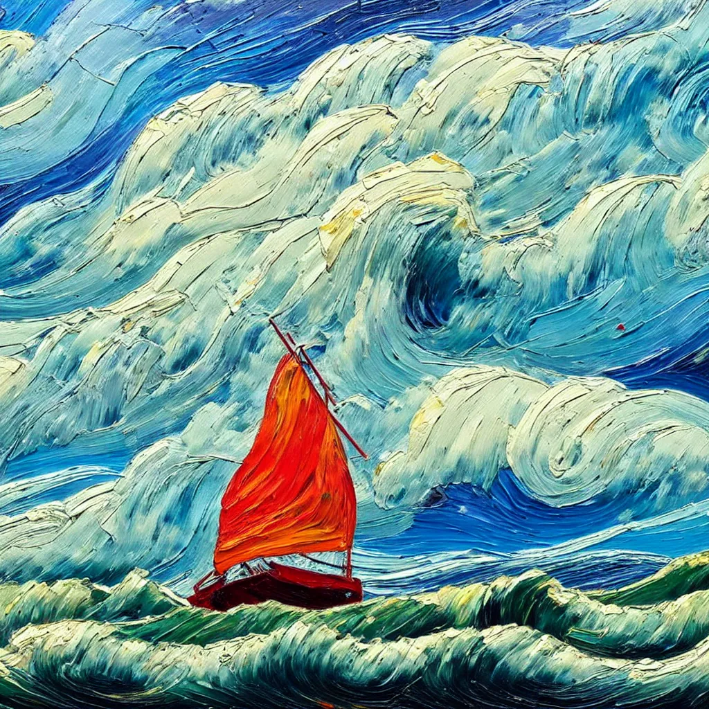 Image similar to Giant threatening beautiful Rolling waves, with a distant, dull red sailed yacht in the style of Jackson Pollack, with lots of stumbling, stumbled thick oil paint and painted in a style of painting similar to Van Gogh but more impasto and less hatching