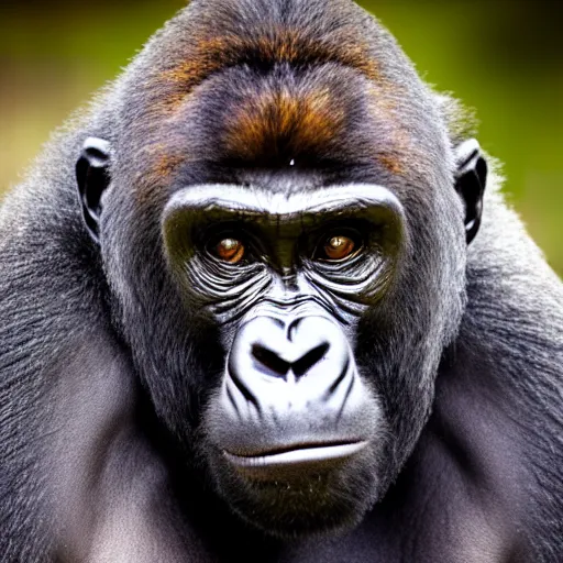 Image similar to portrait photo of a charismatic curious silverback gorilla looking into the camera, indoors, f 1. 4, golden ratio, rim light, top light, overcast day