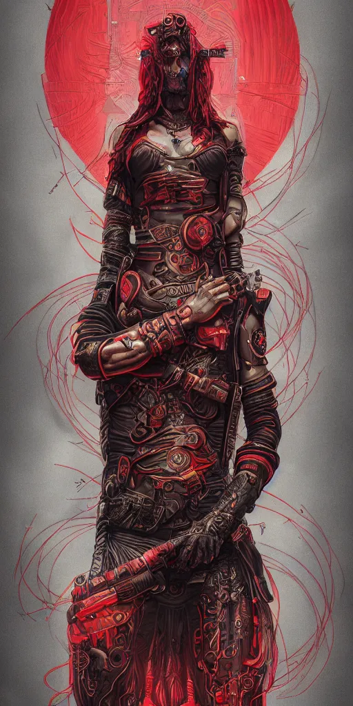 Prompt: cyberpunk warrior praying to the Core,red and black, detailed linework, cinematic, psychedelic, black paper, ornate, symmetrical, tarot card, highly detailed, ink illustration, style of peter mohrbacher, golden ratio, 8k,